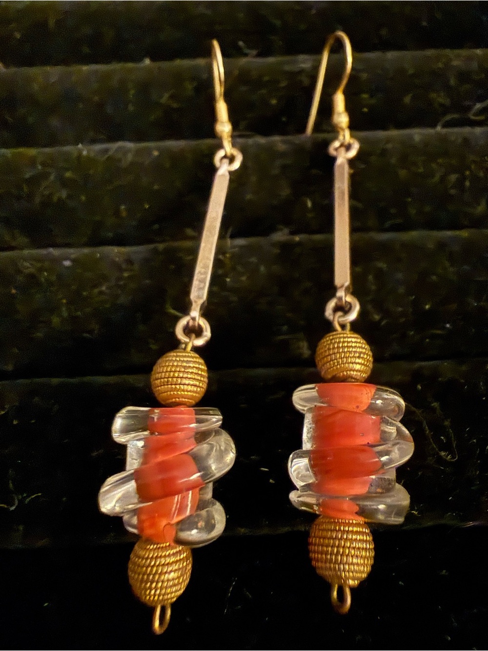 Vintage Murano 1950s Gold Tone Earrings with Clear and Coral color glass Beads